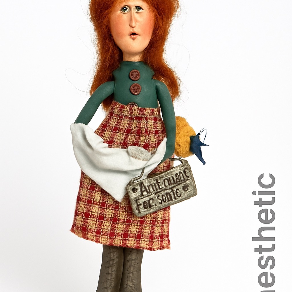 Primitive Folk Art Doll Antiques For Sale Sign Rustic Red Dress 11" Handmade